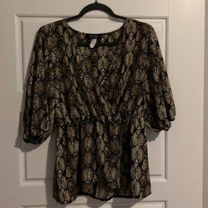 Promises Promises Snake Print Peplum Blouse Women’s Sz 1X Brown Black Top